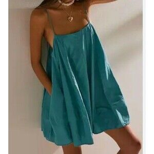 Free People Rae Mini Dress Womens Medium Bubble Linen Teal Blue Beach Free-est
